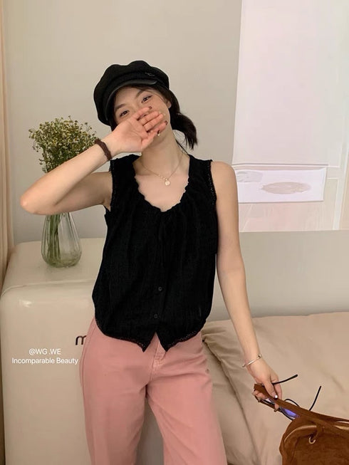 MATINEE Lace Border Drawn String Collar Tops